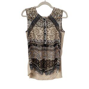 Hale Bob Hi Low Silk Tank Top Size Small Sleeveless Geometric Tan Black Print